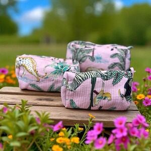 Kantha Quilted set of 3 Pink Jungle Print‎ Cosmetic Bags NWOT